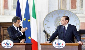 Nicolas Sarkozy upomina Silvio Berlusconiego w czasie szczytu włosko-francuskiego w Palazzo Madama w Rzymie, 26 kwietnia 2011 roku 