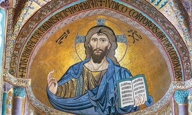 „Pantokrator”, mozaika, 1145–1160 Katedra Zbawiciela i Przemienienia Pańskiego, Cefalù (Sycylia)