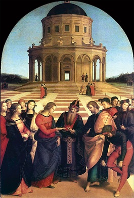 „Zaślubiny Najświętszej Maryi Panny”,  olej na desce, 1504, Pinakoteka Brera, Mediolan