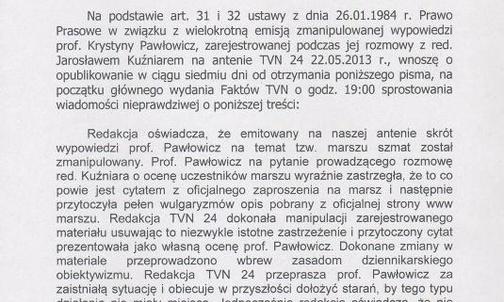 Pawłowicz żąda sprostowania od TVN