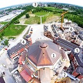 Widok Centrum Jana Pawła II z lotu ptaka. Zdjęcie wykonane z dźwigu ustawionego na terenie budowy