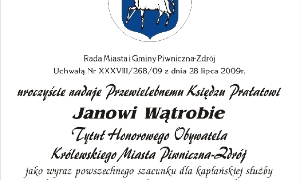 Akt nadania honorowego obywatelstwa ks. Wątrobie