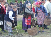 Członkowie zespołu ludowego pokazywali, jak kiedyś na wsi wygladały wykopki