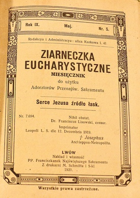 Pierwsza strona wydanych w 1920 roku we Lwowie „Ziarenek Eucharystycznych”