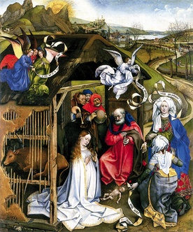 Robert Campin „Boże Narodzenie”  olej na desce, ok. 1435 Muzeum Sztuk Pięknych, Dijon