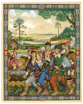 Pionierzy Polscy w Wirginii w XVII wieku, fragment cyklu Obrazy z Chlubnych dni Braterstwa Polsko-Amerykańskiego przygotowanego na Wystawę Światową w Nowym Jorku w 1939 r. przez Artura Kszyka