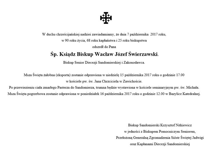 Program uroczystości pogrzebowych śp. bpa W. Świerzawskiego