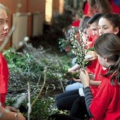 Tysiące gałązek bazi i bukszpanu wyścieliły korytarz szkoły.