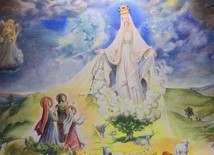 Maryja podająca różaniec i ucząca dzieci fatimskie modlitwy