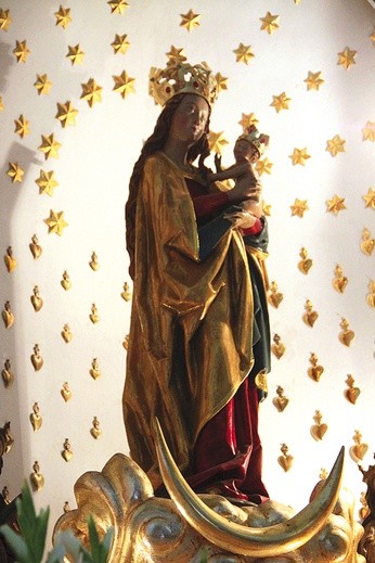 ▲◄	Dzięki łaskami słynącej barokowej figurze Matki Bożej w 2007 r. wojcieszowska świątynia została podniesiona do rangi diecezjalnego sanktuarium maryjnego.