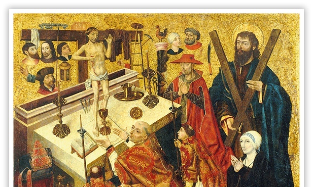 Diego de la Cruz "Msza św. Grzegorza Wielkiego", olej i płatki złota na desce, ok. 1475 r. Narodowe Muzeum Sztuki Katalońskiej, Barcelona