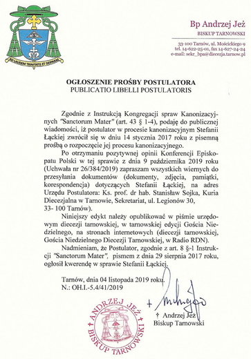 Apel o udostępnienie dokumentów i pamiątek dotyczących Stefanii Łąckiej