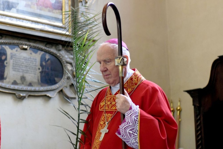 Biskup z gałązką palmową w czasie odczytywania Ewangelii.