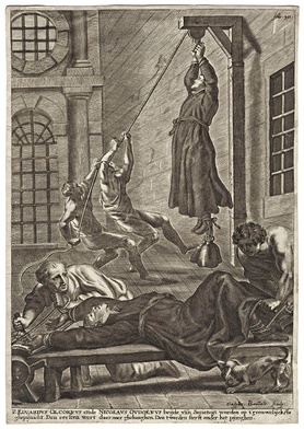 Nicholas Owen zmarł podczas tortur. Grafika Gaspara Bouttatsa.