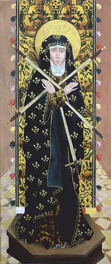 ◄	Fragment kwatery „Matka Boża z mieczami boleści” z Ołtarza Hamburskiego autorstwa Absolona Stumme. Kopia wykonana przez Gustawa Bołdoka.
