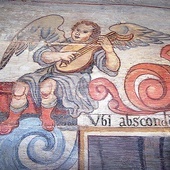 Muzykujący anioł, polichromia manierystyczna, XVII w. (kościół św. Katarzyny Aleksandryjskiej w Sierakowicach).