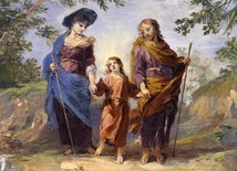 Powrót Świętej Rodziny z Egiptu; Maryja, zgodnie z barokową modą, nosi kapelusz.