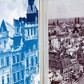 ▲	Fragment ekspozycji: Stare Miasto we Wrocławiu (1947) i widok z wieży kościoła św. Elżbiety we Wrocławiu w kierunku katedry (1947).