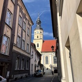 ▲	Świątynia z jednej strony jest otoczona wąskimi uliczkami wiodącymi na pszczyński rynek. Z drugiej strony rozciąga się kompleks słynnych ogrodów.