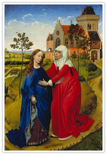 Rogier van der Weyden "Nawiedzenie Najświętszej Marii Panny", olej i tempera na desce, ok. 1445 r. Muzeum Sztuk Pięknych,  Lipsk