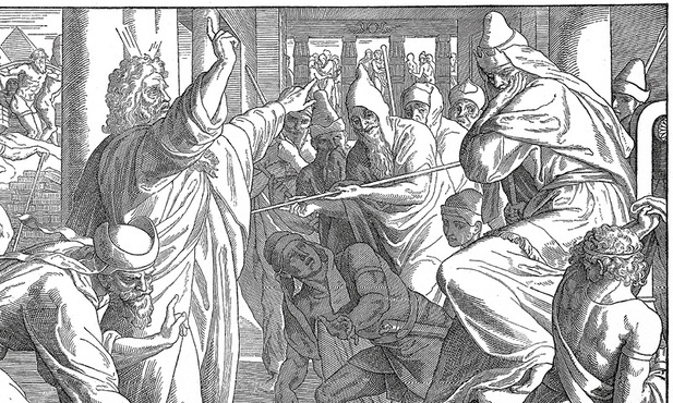 Rycina z Biblii wydanej w 1909 r. Ilustracja do Księgi Wyjścia 7,6: Mojżesz i Aaron uczynili tak, jak im Pan nakazał uczynić.