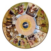 Hieronymus Bosch, „Siedem grzechów głównych”, olej na blacie stołu, ok. 1480,  Muzeum Prado, Madryt.