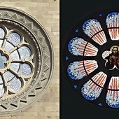 Rozeta (z zewnątrz  i wewnątrz) z centralnie umieszczonym wizerunkiem Jezusa (kościół św. Jacka  na Rozbarku, 1908–1911). 