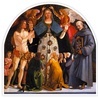 Luca SignorelliMatka Boża opiekuńcza ze św. Sebastianem i św. Bernardynem ze Sieny tempera na desce, ok. 1490Muzeum Diecezjalne Sztuki  Sakralnej, Pienza (Włochy)