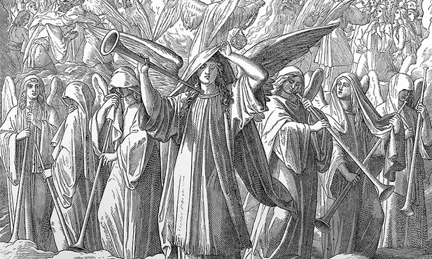 Anioły wzywają dźwiękiem trąb na Sąd Boży. Rycina z Biblii wydanej w 1909 r.