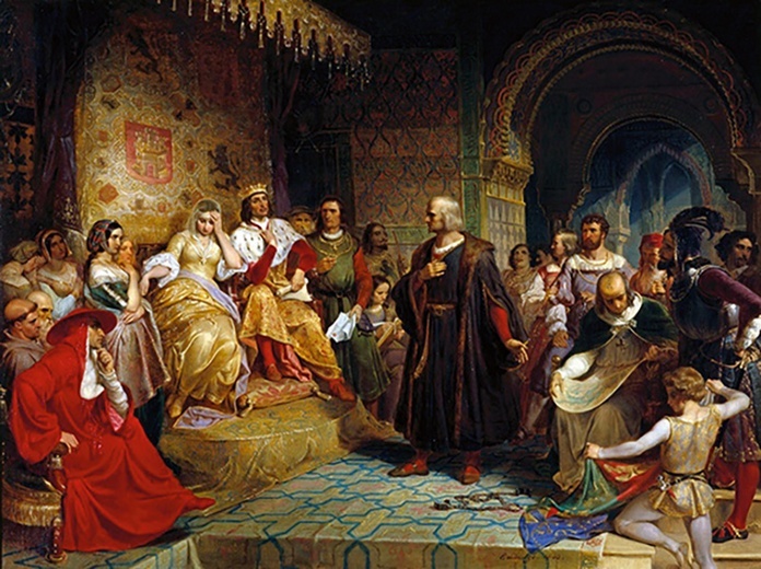 Krzysztof Kolumb przed Izabelą Kastylijską i Ferdynandem Aragońskim.
