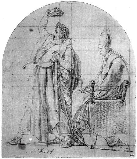 Napoleon sam nakłada sobie koronę w obecności papieża – rysunek Davida.