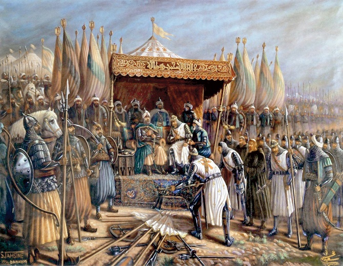 Władający Królestwem Jerozolimskim Gwidon z Lusignan składa broń przed sułtanem Saladynem.