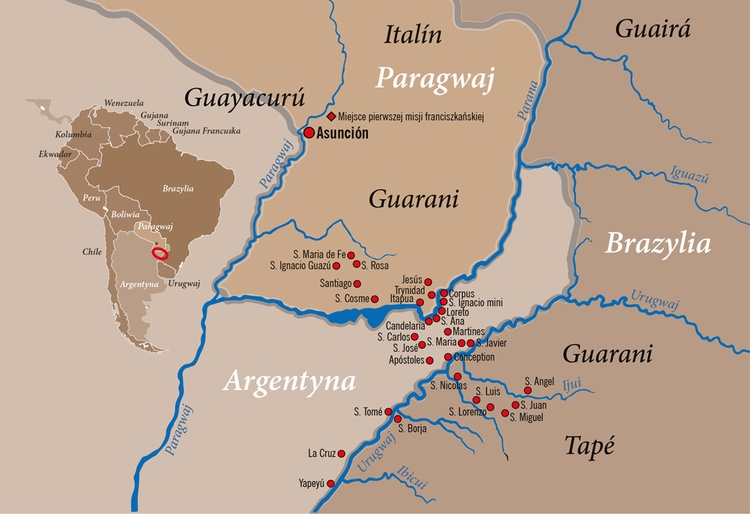 Redukcje jezuickie zlokalizowane były na terenach obecnychBrazylii,Argentyny i Paragwaju.