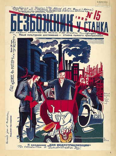 Wydawany w Związku Sowieckim dziennik „Bezbożnik przy pracy” z 1929 r.; Robotnicy wyrzucają „Spasa”, czyli Zbawiciela, i rozbijają cerkiewny dzwon.
