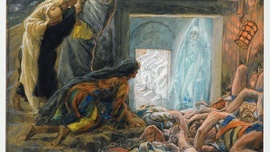 „Maria Magdalena i święte niewiasty u grobu Jezusa”.  Obraz z cyklu „Życie naszego Pana Jezusa Chrystusa”  James Tissot, 1886–1894.