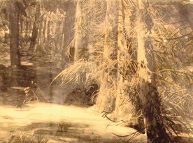 „Wnętrze parku w Gościeradzu” (tusz, gwasz, 1927, fragment).