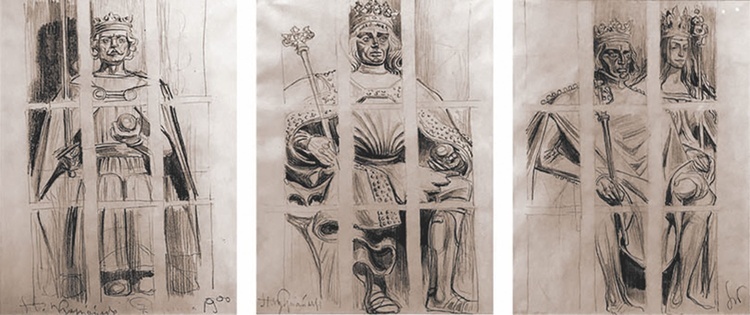 Szkice do witraży wawelskich, które nie doczekały się realizacji. Od lewej: Władysław Łokietek, Jan Olbracht, Jadwiga i Jagiełło.