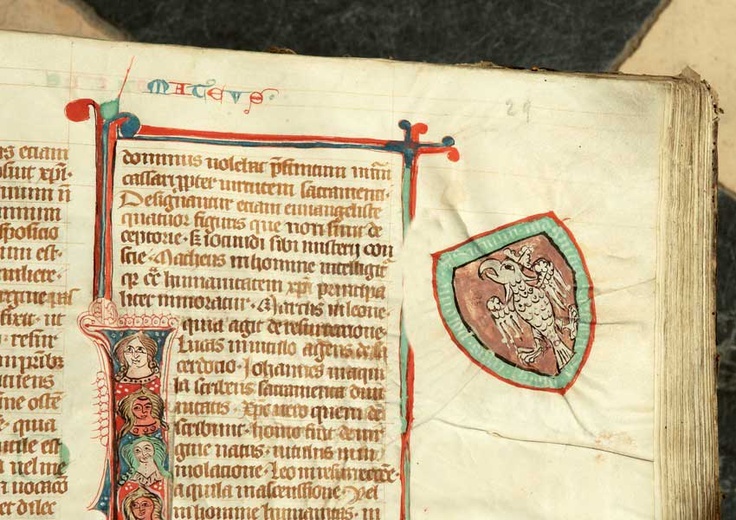 Na królewską fundację Biblii wskazuje piastowski orzeł ukazany na czerwonej tarczy herbowej