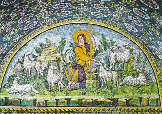Autor nieznany, "Dobry Pasterz", mozaika, I poł. V w., Mauzoleum Galli Placydii, Rawenna 