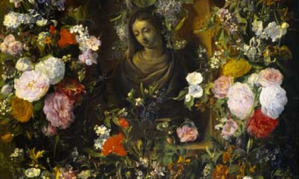 Nicolaes van Veerendael, "Girlanda z popiersiem Madonny", olej na blasze, 1640–1660, Muzeum Prado, Madryt 