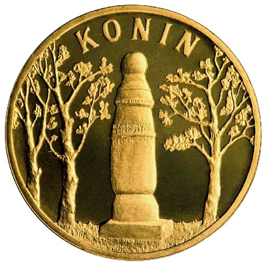 Słup milowy z Konina znalazł się na jednej z pamiątkowych monet z serii "Historyczne Miasta w Polsce".