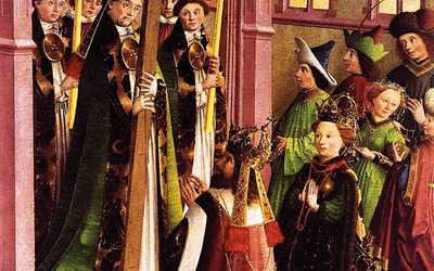 Mistrz Pasji z Darmstadt „Cesarz Konstantyn i św. Helena  adorujący prawdziwy krzyż”  tempera na desce, ok. 1440  Muzea Państwowe, Berlin