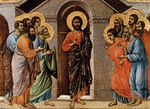 Duccio di Buoninsegna, "Chrystus ukazuje się apostołom, przechodząc przez zamknięte drzwi" 