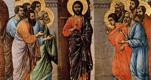 Duccio di Buoninsegna, "Chrystus ukazuje się apostołom, przechodząc przez zamknięte drzwi" 