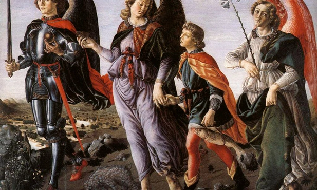 Francesco Botticini, „Archaniołowie z Tobiaszem”, tempera na desce, ok. 1470 Galeria Uffizi, Florencja