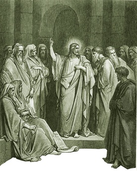 Gustave Doré, (1832-1883), Jezus naucza w synagodze