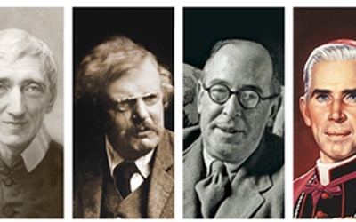  Galeria apologetów (od lewej): św. Justyn (II w.),  Blaise Pascal (XVII w.), bł. John H. Newman (XIX w.),  G.K. Chesterton (XIX/XX w.), C.S. Lewis (XX w.),  bp Fulton Sheen (XX w.), Vittorio Messori (XX/XXI w.), Szymon Hołownia (XXI w.) 