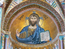 „Pantokrator”, mozaika, 1145–1160 Katedra Zbawiciela i Przemienienia Pańskiego, Cefalù (Sycylia)