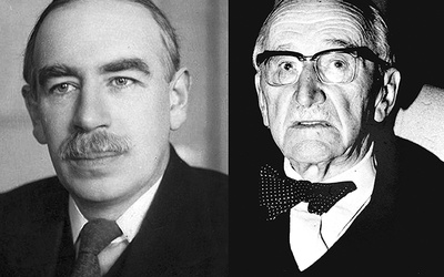 Z lewej John Maynard Keynes, obok Friedrich von Hayek