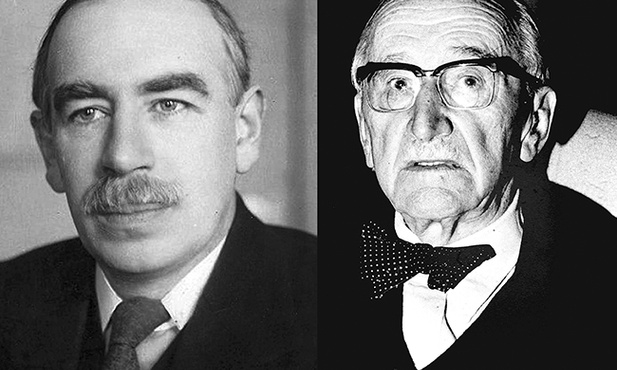 Z lewej John Maynard Keynes, obok Friedrich von Hayek